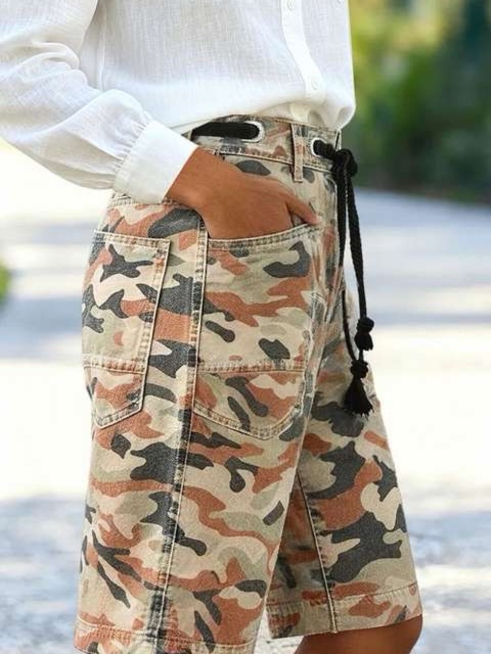 Women's Camouflage Drawstring Bermuda Shorts - Orange/Gray - Picture 2 of 9